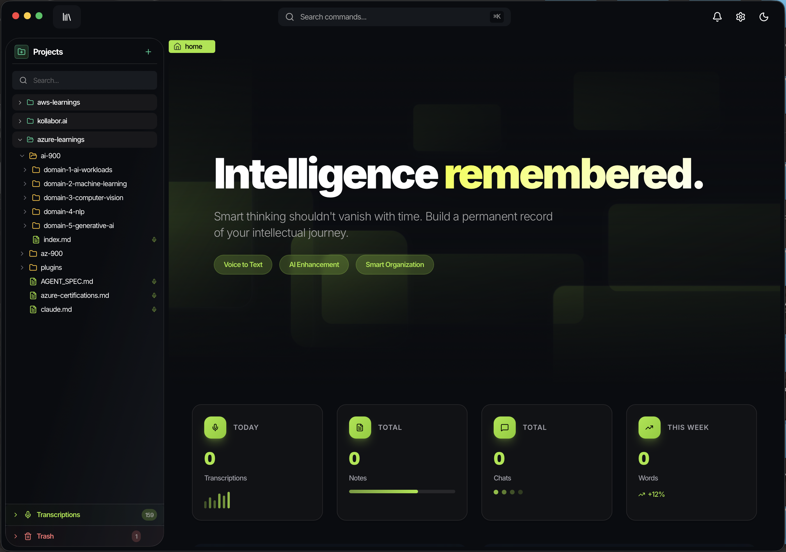 Kowork - Dashboard view with projects sidebar and statistics