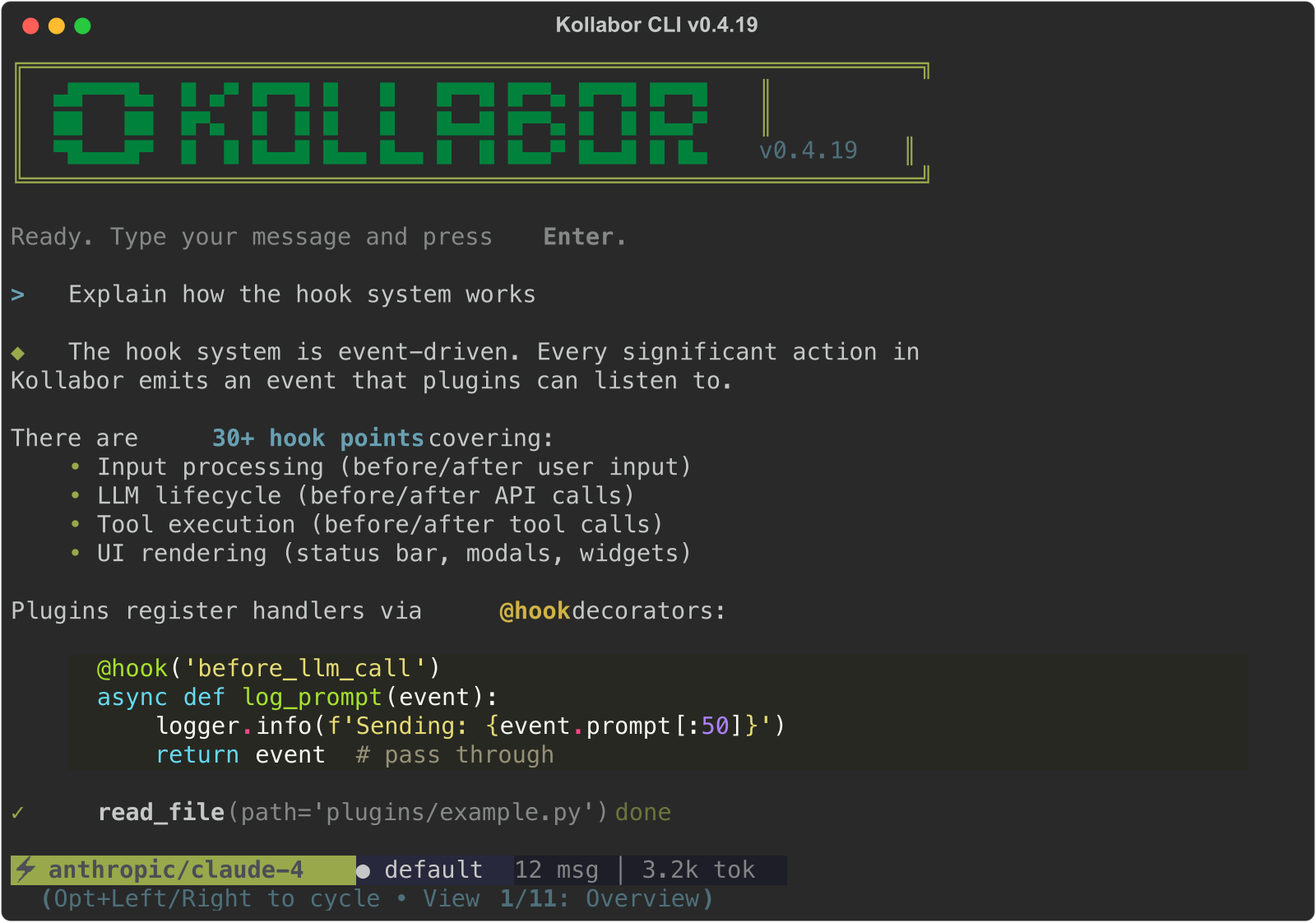 Kollab CLI - Terminal interface with KOLLABOR ASCII art logo, input prompt, and status bar showing model, profile, and message count