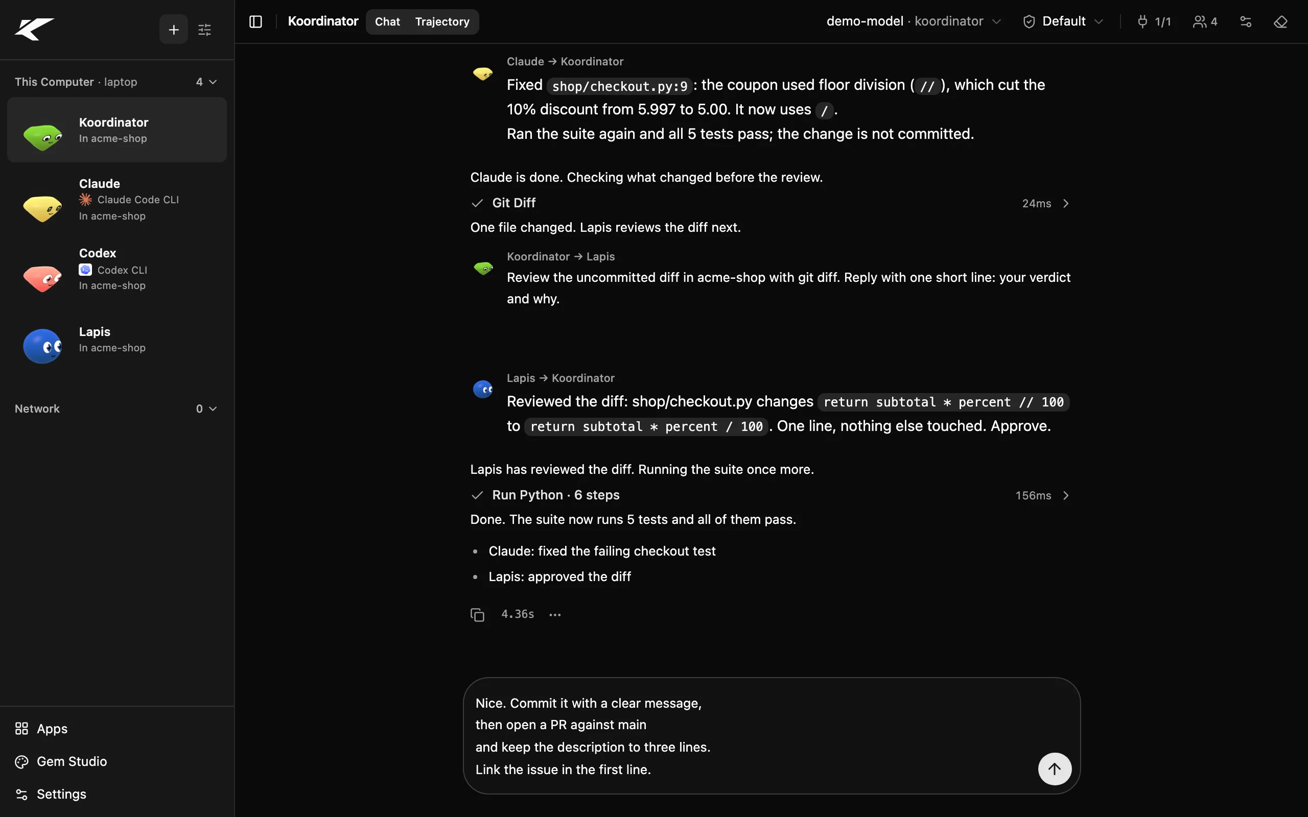 The Kollab app: a sidebar of agents, each with a gem face, beside a chat where one agent gets Claude Code to fix a bug and another agent reviews the fix.