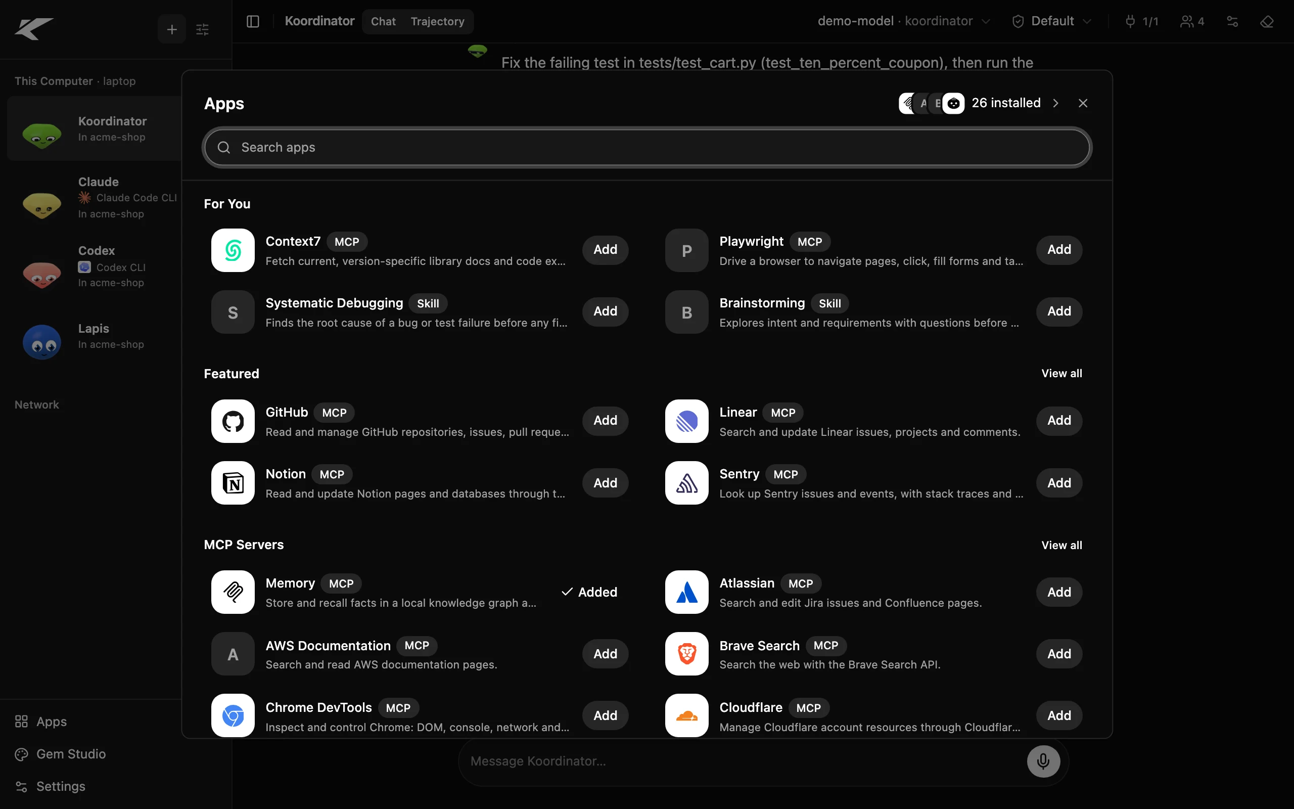 The Apps store in Kollab, searching for testing tools: each tool and skill has an Add button.