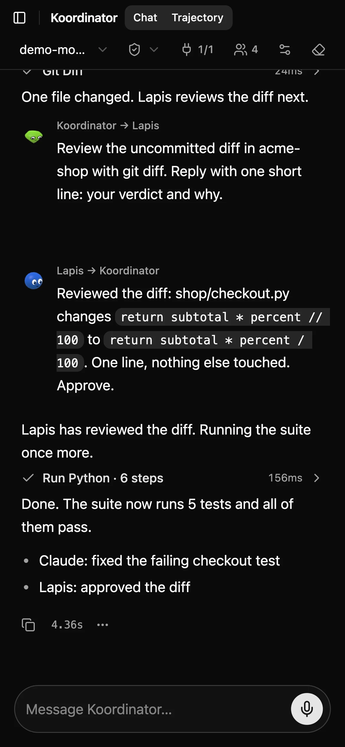 Kollab on a phone: a chat where the team reports that the fix was reviewed and every test passes.